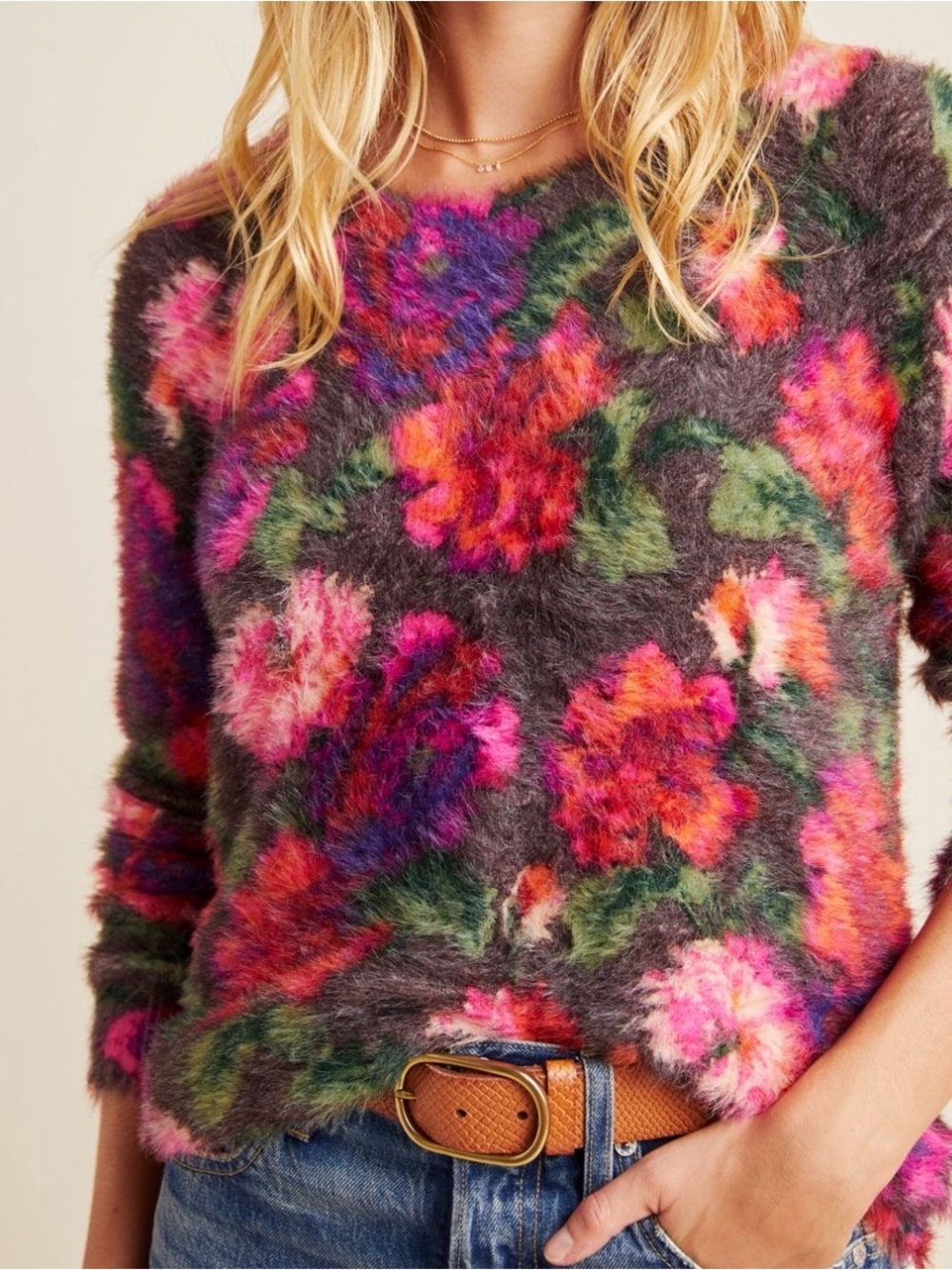 Anthropologie Meadow Rue Ariel Eyelash Floral Fuzzy Knit Sweater Large - Picture 2 of 15